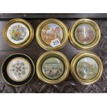 Collection of framed Prattware pot lids etc