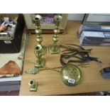 Collection of metalware to include brass candlesticks & vintage sheep shears