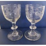 Pair of late 18C lead crystal liqueur glasses, engraved with fruiting vine decoration
