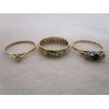 Gold diamond & sapphire 3 stone ring together with 2 other stone set gold rings