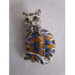 Silver & champlevé enamel stone set cat brooch