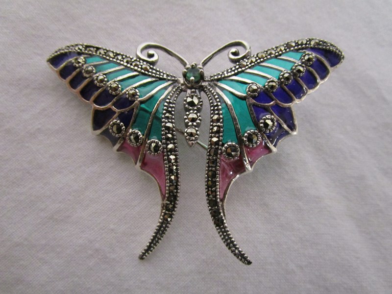 Silver & champlevé enamel stone set butterfly brooch