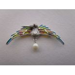 Silver & champlevé enamel stone set bird brooch