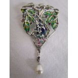 Silver & champlevé enamel stone set Art Nouveau style lady brooch