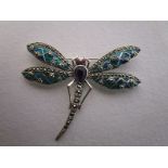 Silver & champlevé enamel stone set dragonfly brooch