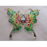 Large silver & champlevé enamel stone set butterfly brooch