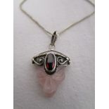 Art Deco rose quartz, garnet silver necklace