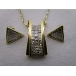 14ct gold diamond pendant on chain & earrings - Princess cut diamonds