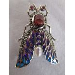 Large silver & champlevé enamel stone set bug brooch