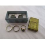 6 pence cufflinks, Zippo lighter, 2 silver rings & gold ring