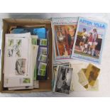 Tray containing Spinet silk cigarette cards, postcards, FDC's & Aston Villa football programs