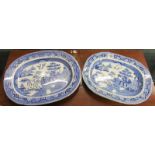 2 large blue & white meat plates