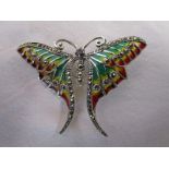 Large silver & champlevé enamel stone set butterfly brooch