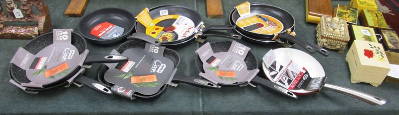 Collection of 10 new frying pans