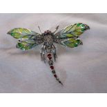 Large silver & champlevé enamel stone set dragonfly brooch