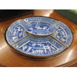 Compartmented serving tray with blue & white ceramics - Some pieces A/F