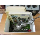 Box of kitchenalia to include cookbooks & mincer