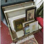 Steamer trunk & contents to include watercolours