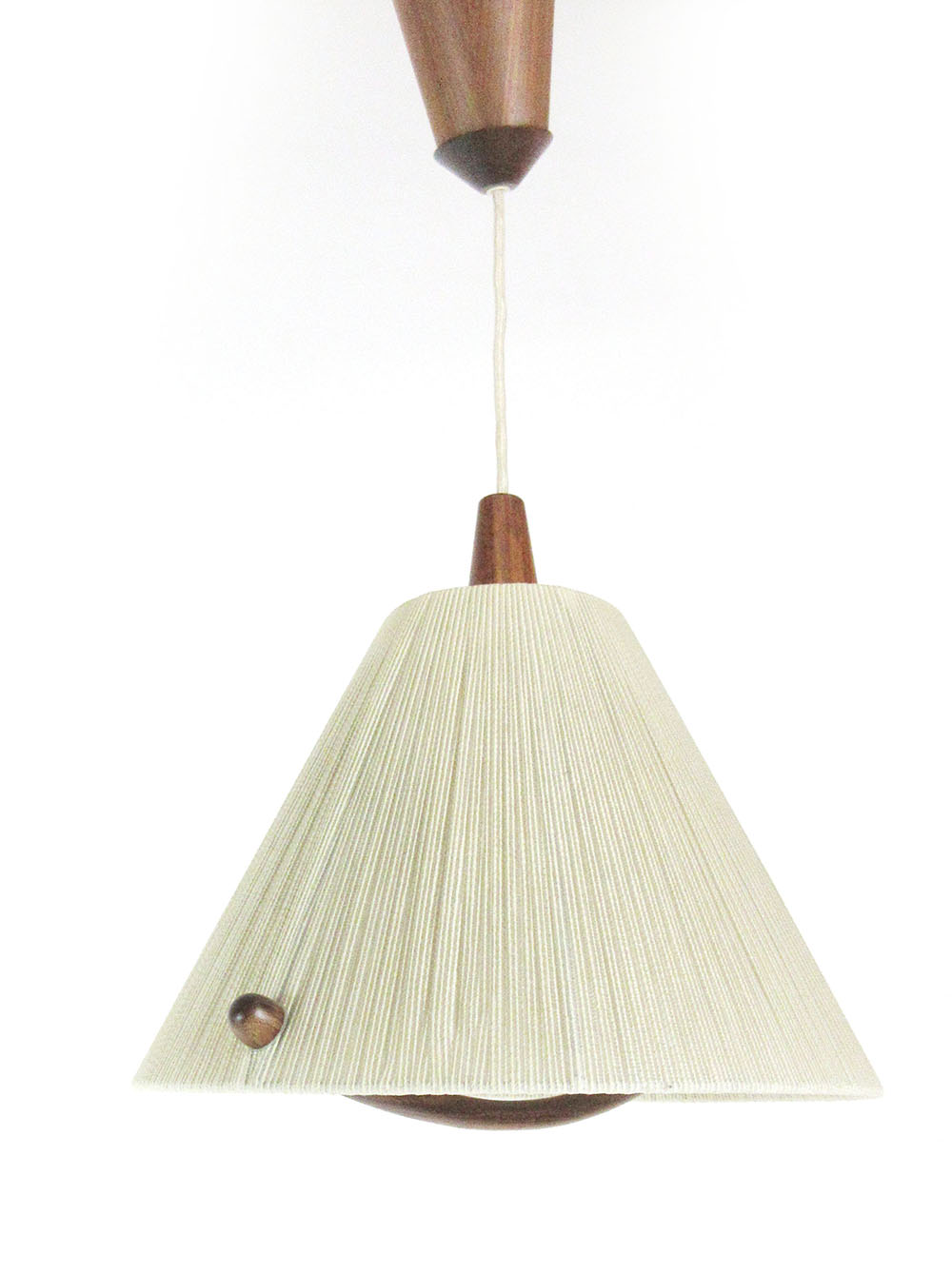 A Temde rise-and-fall ceiling light with teak bands and a sisal cord shade