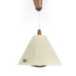 A Temde rise-and-fall ceiling light with teak bands and a sisal cord shade