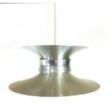 A 1970's brass coloured ceiling light with a central aluminum band