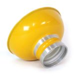 A 1970's yellow enamelled ceiling light with aluminium bands and a perspex diffuser