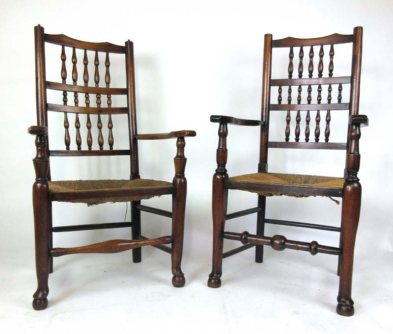 A harlequin set of eight (6+2) early 20th century elm spindle back dining chairs with rush seats, h. - Image 3 of 3