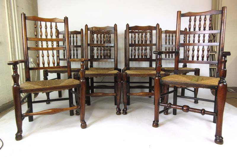 A harlequin set of eight (6+2) early 20th century elm spindle back dining chairs with rush seats, h. - Image 2 of 3