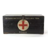 A vintage crate overpainted with insignia 'Metropolitan Police Ambulance Team S Division', w.