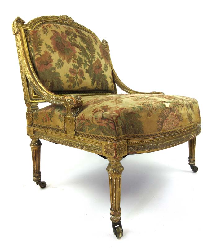 A late 18th century giltwood bedroom chair upholstered in a floral silk fabric with swag, - Image 2 of 2
