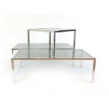 A pair of aluminium and glazed reception/coffee tables, l.