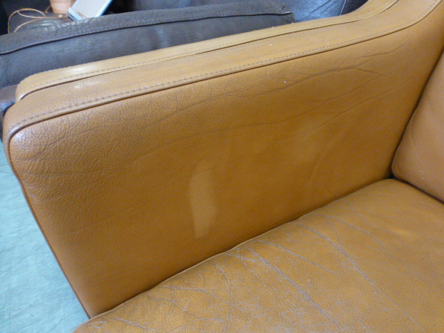 A 1970's tan leather three seater sofa on beech legs, - Image 3 of 13