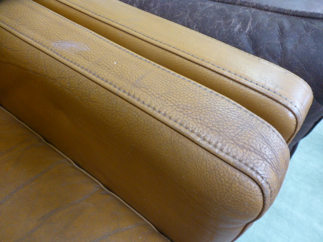 A 1970's tan leather three seater sofa on beech legs, - Image 10 of 13