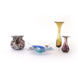 Four pieces of art glass including a Swedish yellow cased glass vase, a Portugese vase etc.