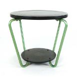 A two-tier occasional table, the surfaces of bakelite-type manufacture on green tubular legs, d.