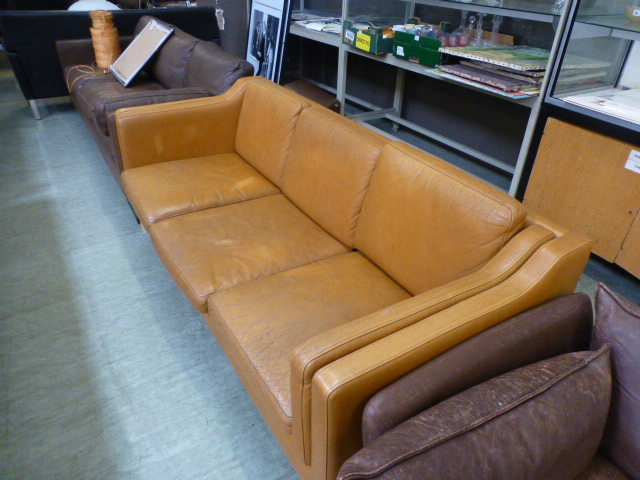 A 1970's tan leather three seater sofa on beech legs, - Image 13 of 13