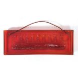 John Kall for Elme, a Swedish red moulded glass plaque modelled as a Viking longboat, w.