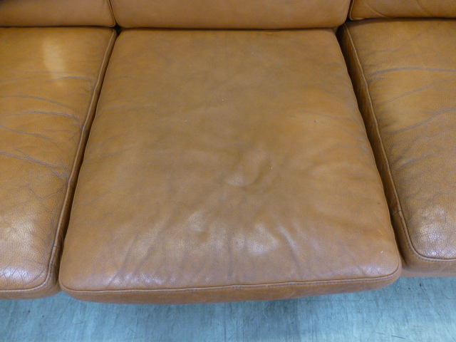 A 1970's tan leather three seater sofa on beech legs, - Image 7 of 13