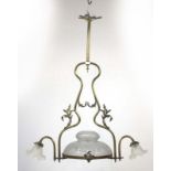 A 19th century French brass and glass chandelier with frosted and etched main shade and two frosted