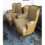 BERGERES, a pair, with limed showframes and linen style sackcloth upholstery,