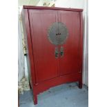 MARRIAGE CABINET, Chinese red lacquer with two doors enclosing a shelf and drawer,