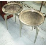 SIDE TABLES, a pair, circular in metal on tripod supports, 38cm diam x 55cm H.