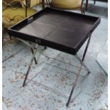 BLACK LEATHER TRAY, on polished metal stand, 50cm W x 50cm D x 58cm H.