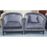 TUB CHAIRS, a pair, lacquer finish, grey chenille upholstered, with one loose cushion,