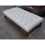 OTTOMAN, linen buttoned seat, on turned supports, 125cm x 60cm x 35cm H.