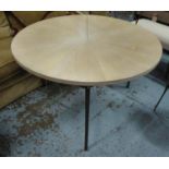DINING TABLE, the circular segmented wooden top on metal supports, 120cm W x 73cm H (with faults).