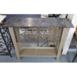 CONSOLE TABLE, marble top on grey painted base, with wrought iron decorative panel,