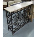 CONSOLE TABLE, the white marble top on a wrought iron base, 30cm D x 99cm H x 101cm W.