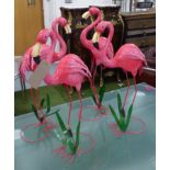 GARDEN FLAMINGOS, a set of four, painted garden flamingo ornaments plate metal, 78cm H.