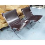 COCKTAIL LOUNGE CHAIRS, a pair, brown leather in polished metal frame, 64cm x 74cm x 78cm.